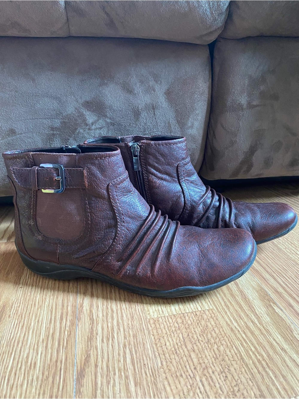 Clarks Brown Leather Ruched Ankle Booties with Side Buckle